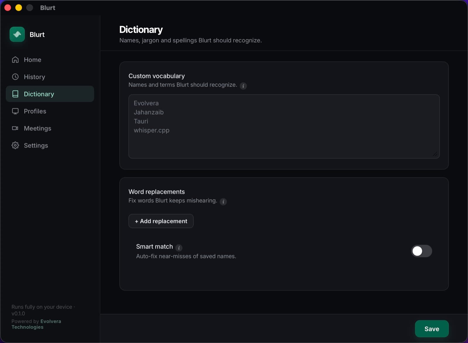 Blurt dictionary: custom vocabulary and word replacements.